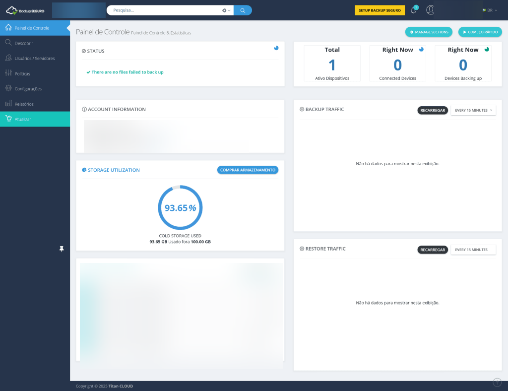Exemplo do painel do Backup SEGURO com status, uso de armazenamento e atividade; dados pessoais ocultados
