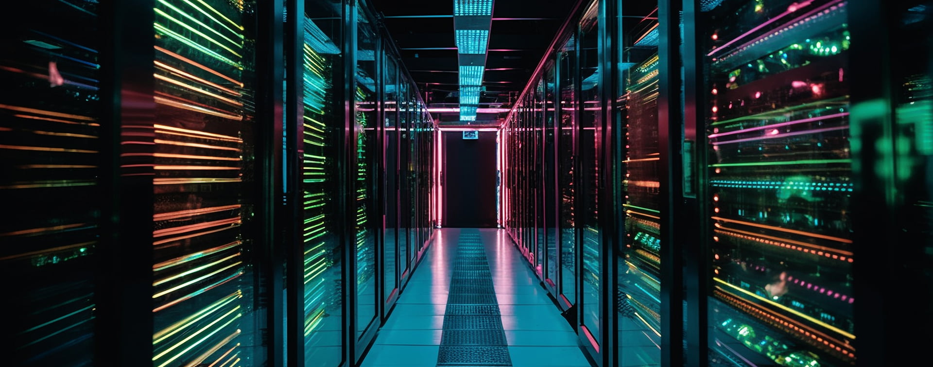 Corredor de servidores iluminados em um data center