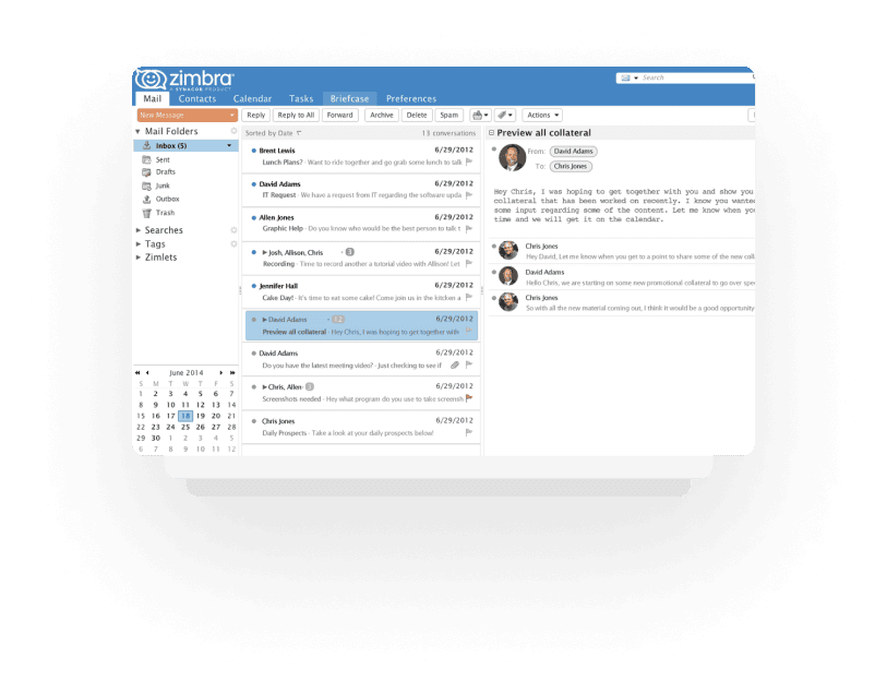 Interface do Zimbra exibindo a caixa de entrada e uma conversa por e-mail